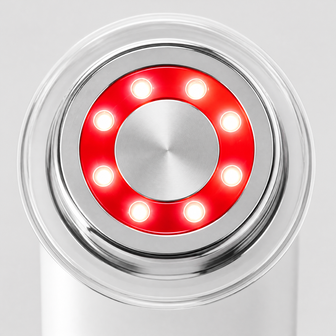 Close-up of the Lumeri Wand treatment head with 8 red LEDs